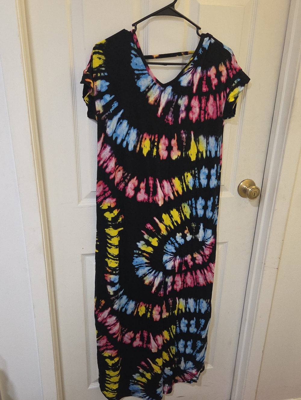 LuLaRoe Black Tie-Dye Maxi Dress with Pink, Blue, Yellow Swirls